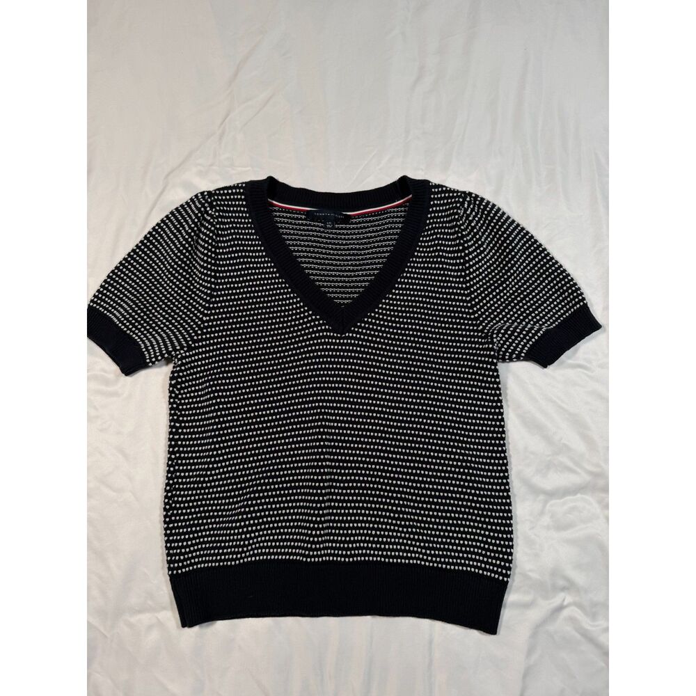 Tommy Hilfiger Womens Large V Neck Short Sleeve Knit Sweater Navy Blue White Dot